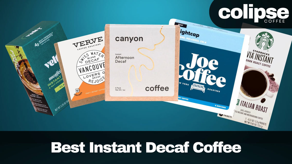 Collection of instant decaf coffee packages with visible brand names on a blue gradient background.