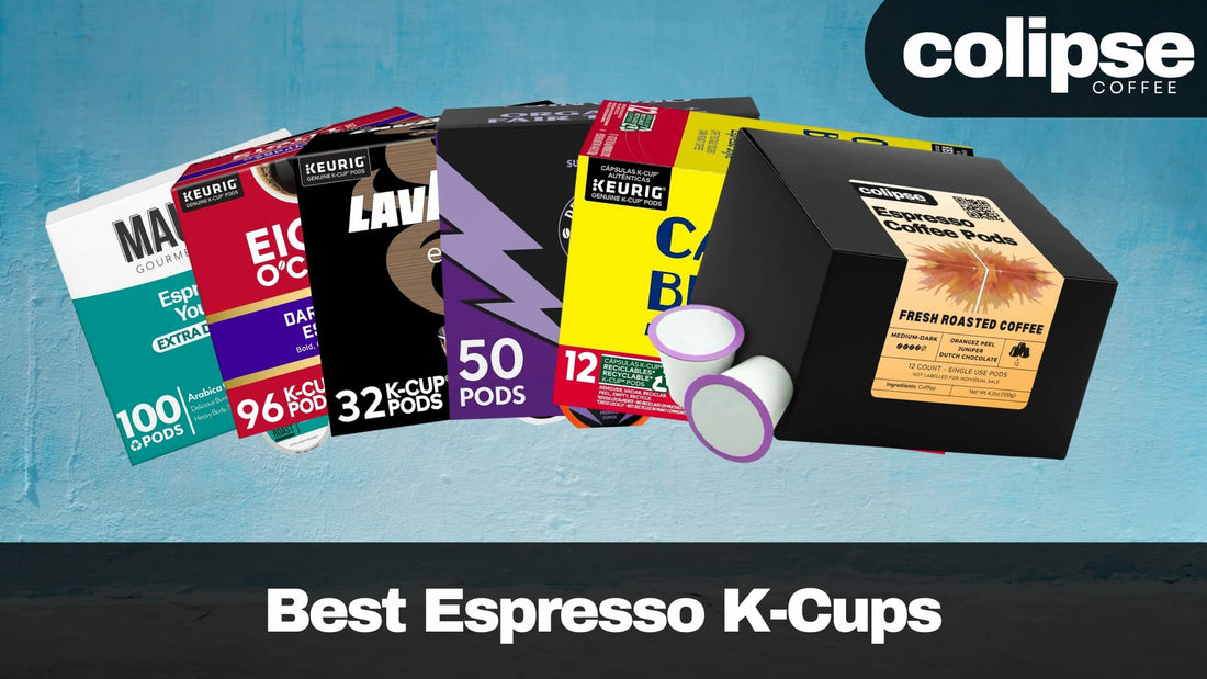Collection of various coffee K-Cup packages with Colipse Coffee branding on a blue background.