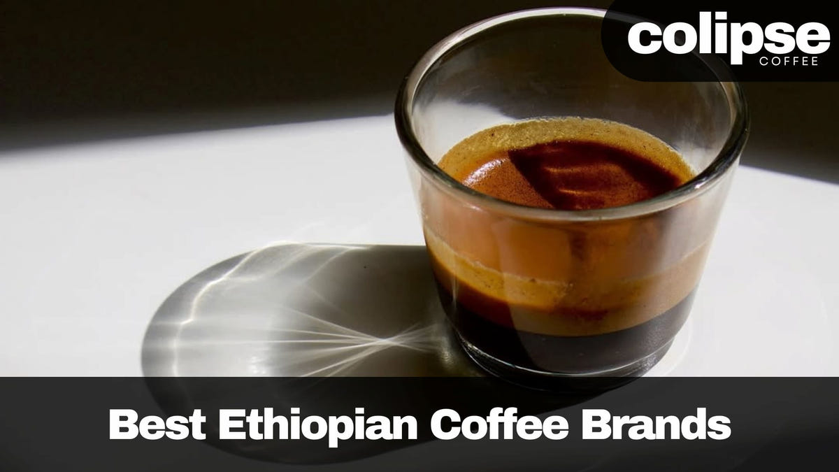 Glass of Ethiopian coffee with 'colipse Coffee' branding on a dark background