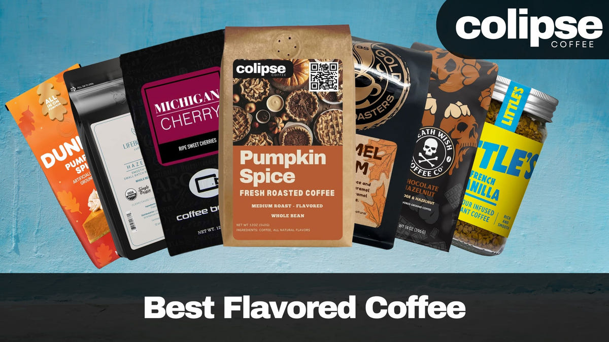 Collection of flavored coffee bags with various flavors with colipse coffee branding on a blue background