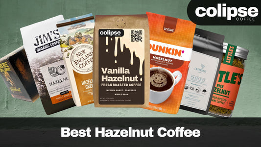 Various hazelnut coffee packages with colipse branding on a green background