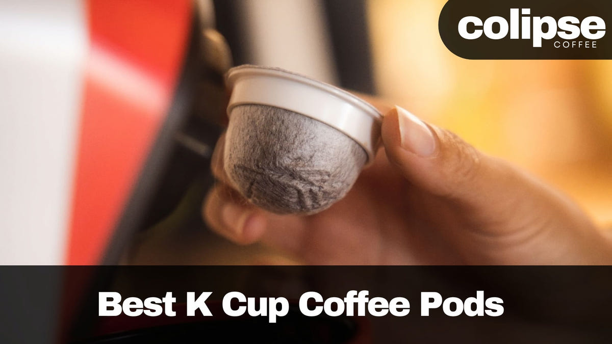 Hand holding a K Cup coffee pod with 'Colipse Coffee' branding.