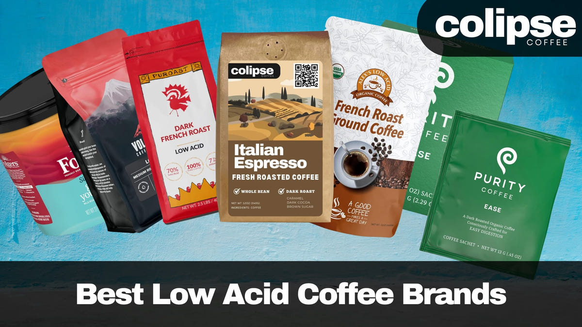 Collection of coffee packages from various brands with a focus on low acid coffee, featuring the colipse brand.