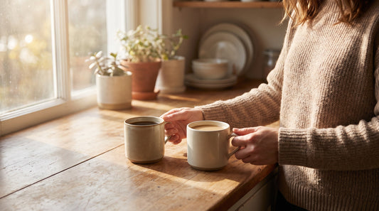 Two mugs of coffee on a kitchen counter, comparing a mushroom coffee alternative choice in the morning light