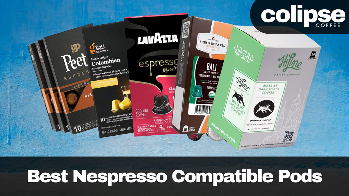 Collection of various Nespresso compatible coffee pods with Colipse branding on a blue background.