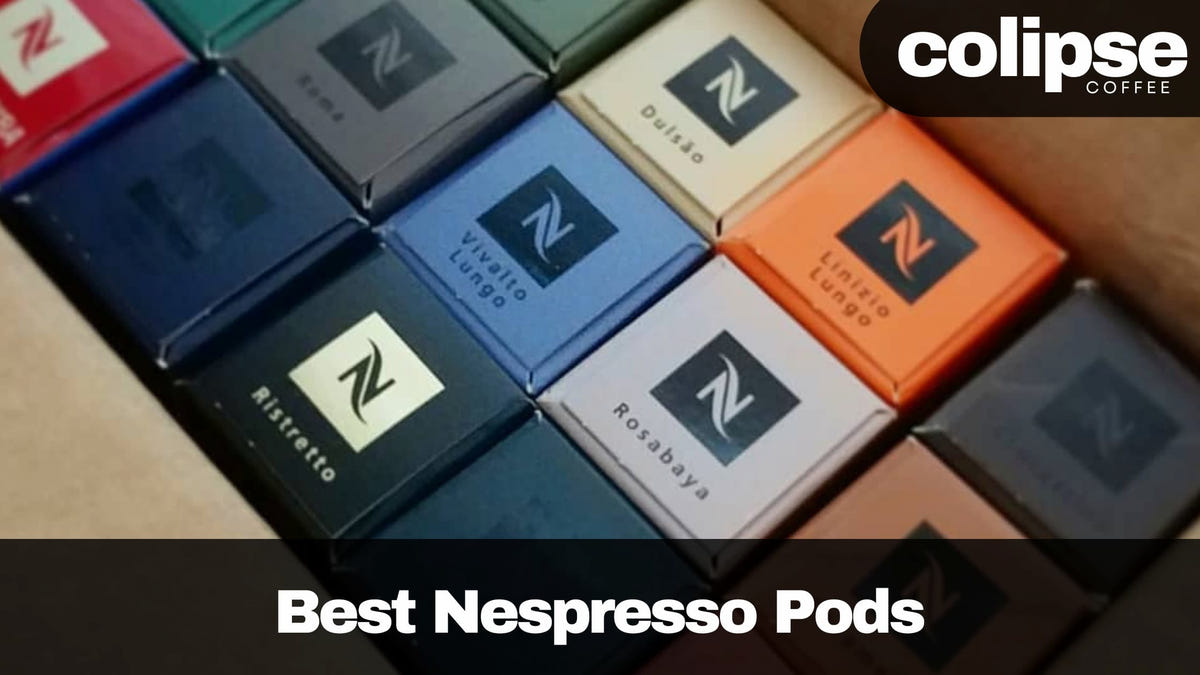 Collection of Nespresso coffee pods with visible Colipse Coffee brand logo on a dark background.