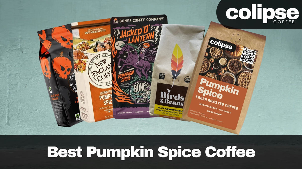 Collection of pumpkin spice coffee packages with 'colipse Coffee' branding on a teal background.