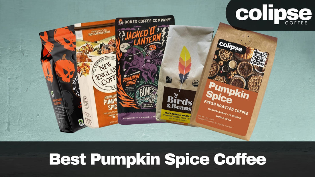 Collection of pumpkin spice coffee packages with 'colipse Coffee' branding on a teal background.