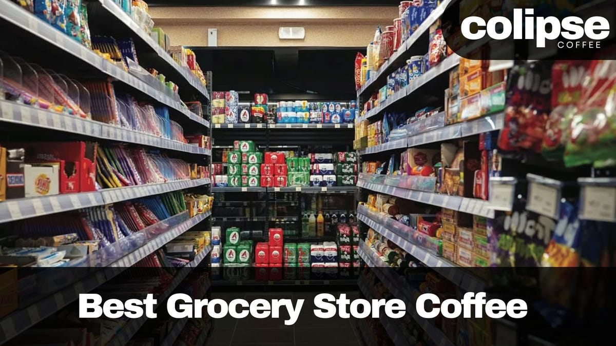 Grocery store aisle with coffee products and 'Colipse Coffee' branding.