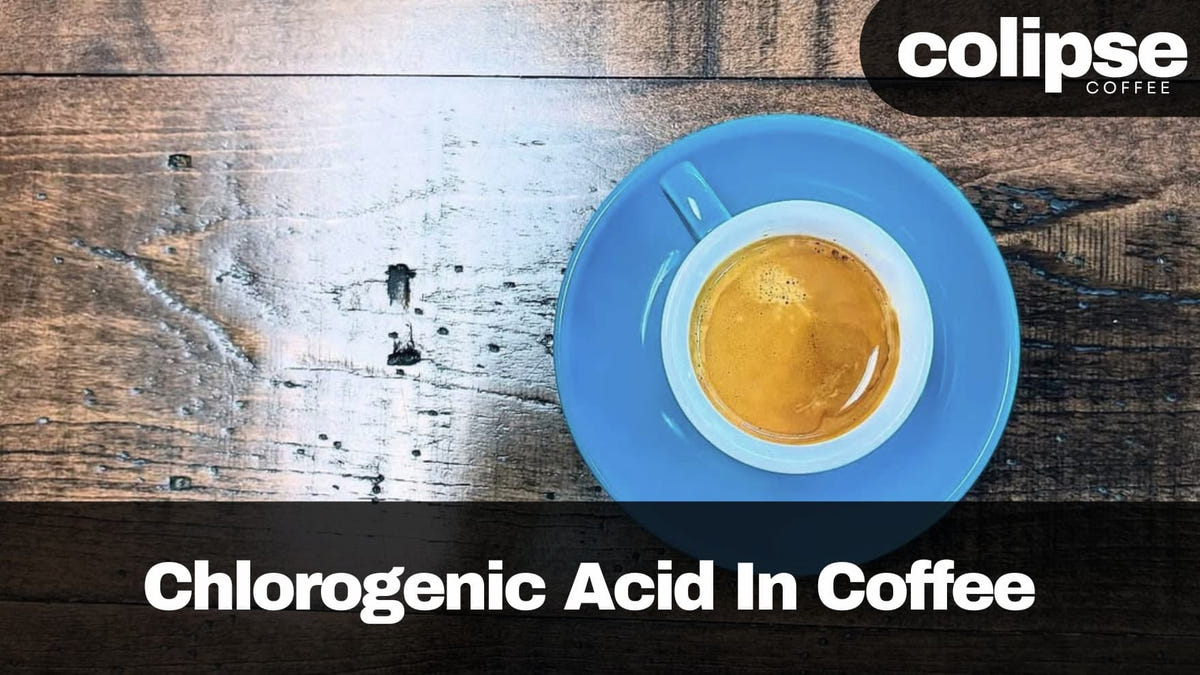 Cup of high CGA coffee on a blue saucer with 'colipse Coffee' branding on a wooden background.