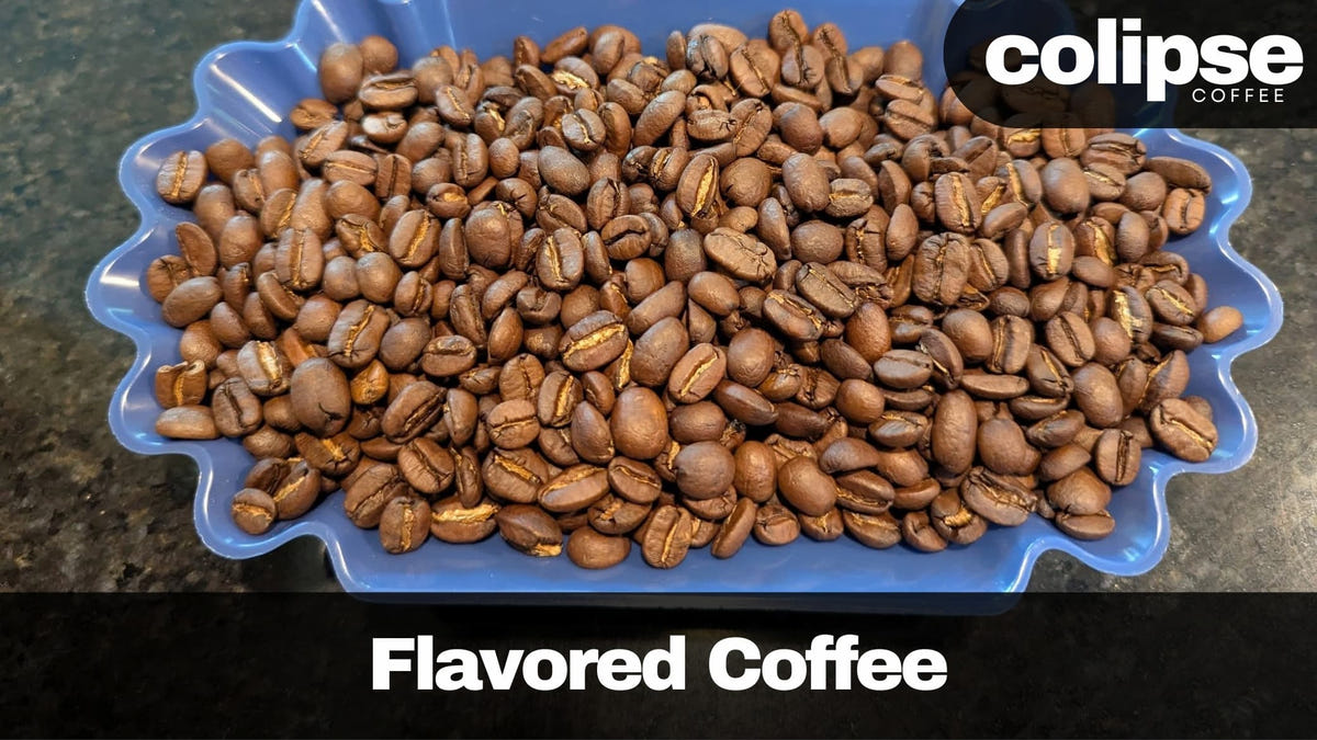 Colipse Coffee flavored coffee beans in a blue dish on a dark background