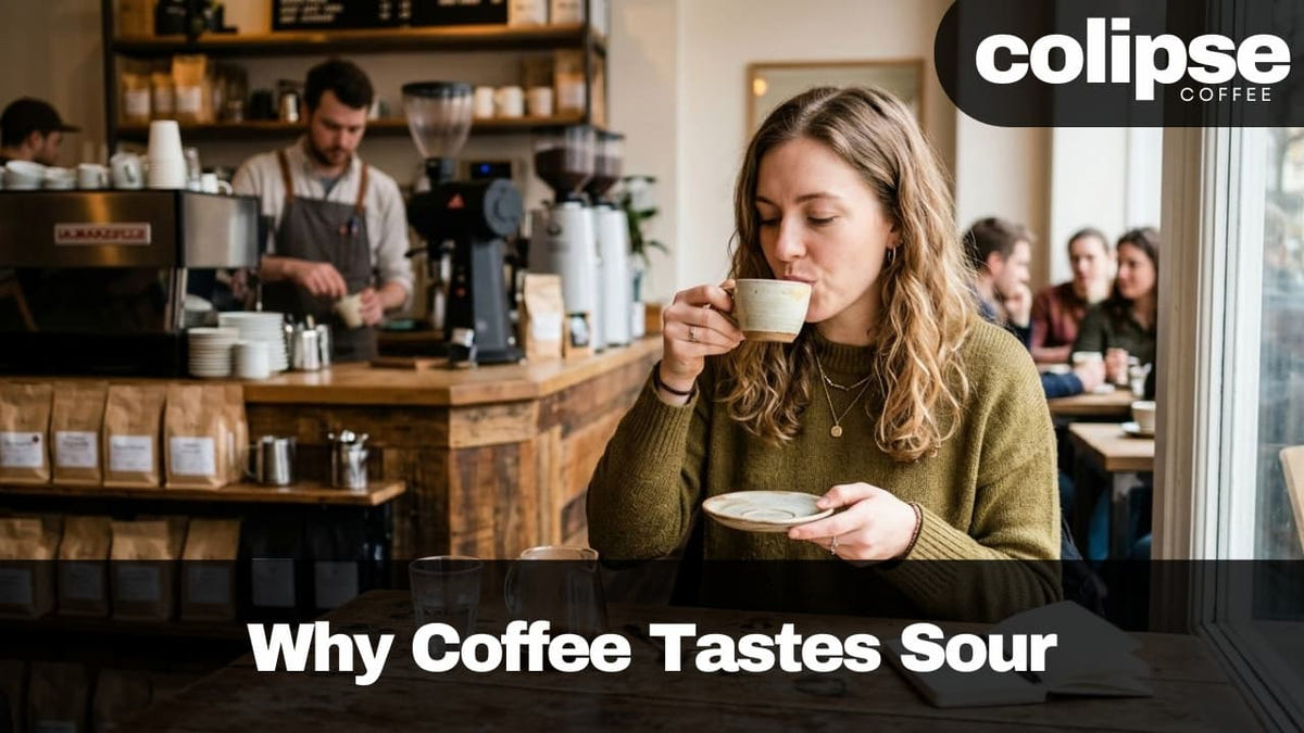 Woman drinking coffee in a cafe with 'colipsce Coffee' branding.