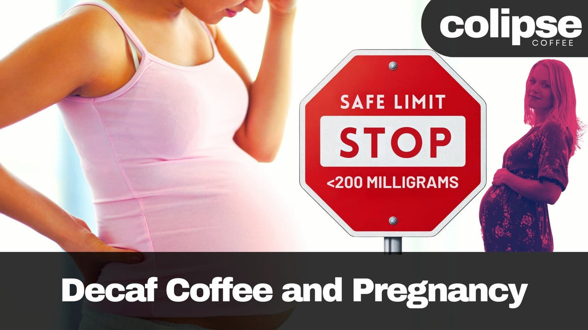 Woman in pink tank top with a stop sign warning about decaf coffee and pregnancy, featuring Colipse Coffee branding.