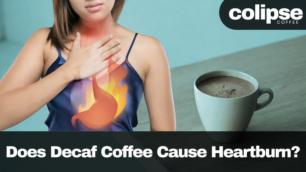 Woman holding her chest with a coffee cup and colipse logo on a teal background