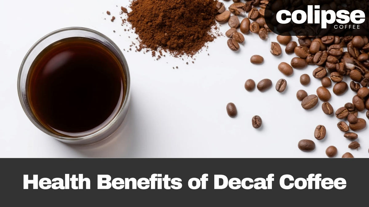 Decaf coffee with coffee beans and grounds on a white background, featuring the colipse Coffee brand.