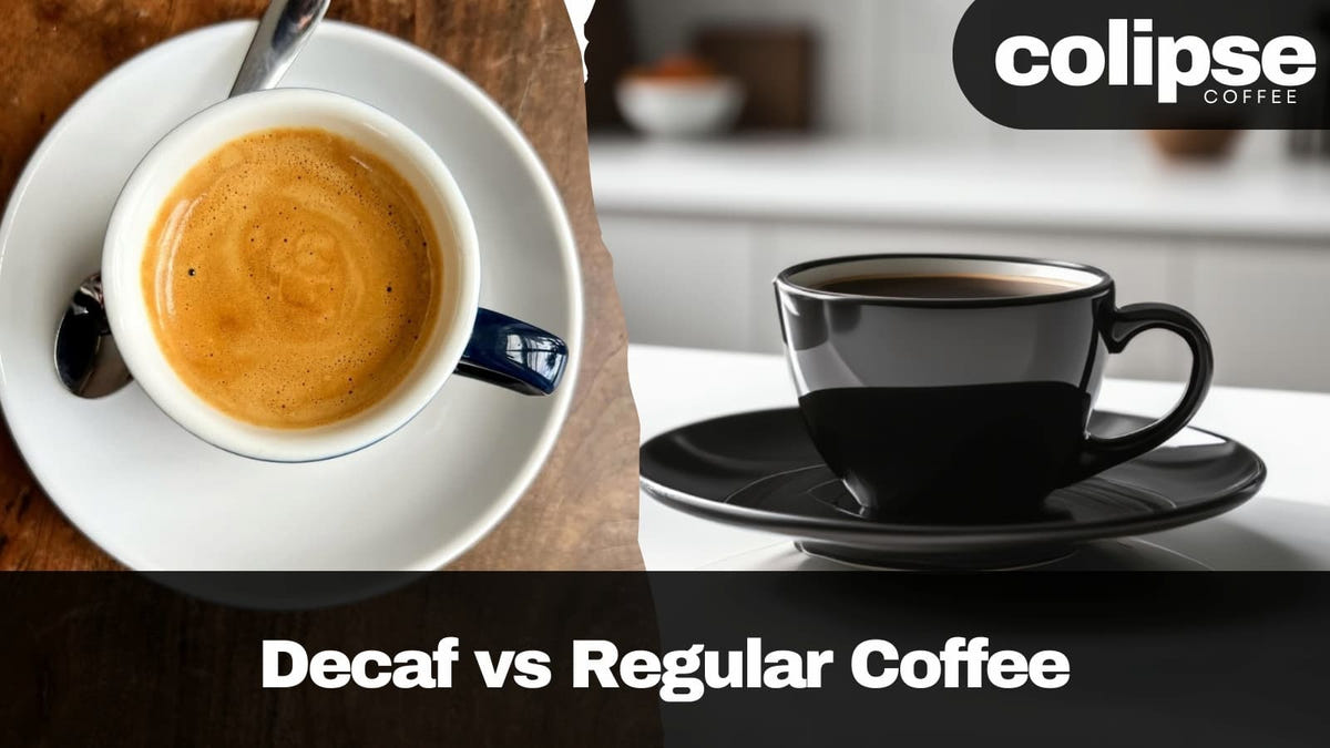 Two coffee cups, one with decaf coffee and the other with regular coffee, on a table with 'Colipse Coffee' branding.