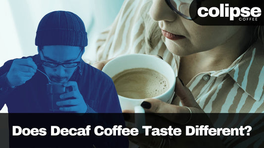 Two people drinking decaf coffee with a Colipse Coffee logo and text about decaf coffee.
