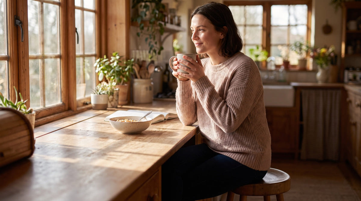 Person calmly drinking mushroom coffee mid-fast at a sunlit kitchen counter