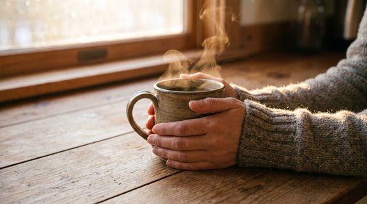 Person warming their hands around a mug of mushroom coffee by a sunlit window