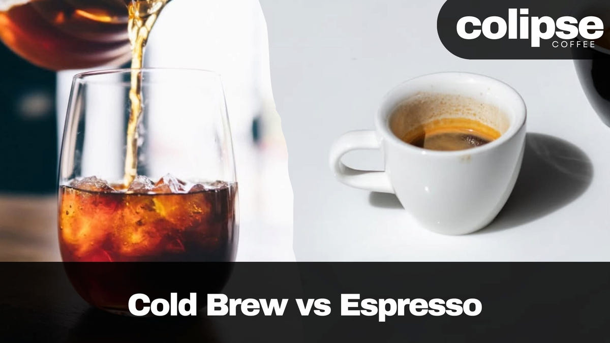 Cold brew being poured into a glass and an espresso shot in a white cup, with Colipse Coffee branding.