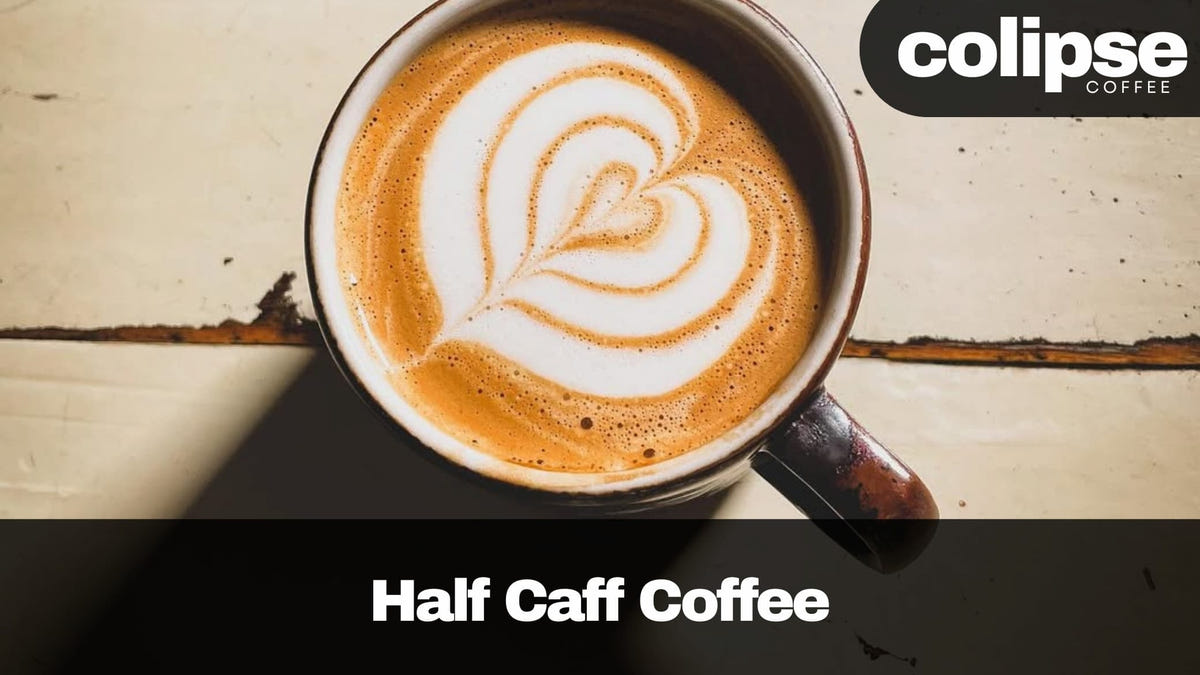 Coffee latte with intricate latte art, showcasing the smooth and balanced profile of half-caff espresso.