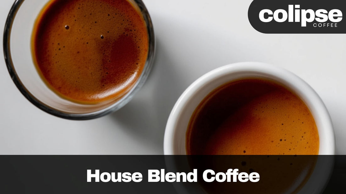 Two cups of house blend coffee with 'Colipse Coffee' branding on a white background.