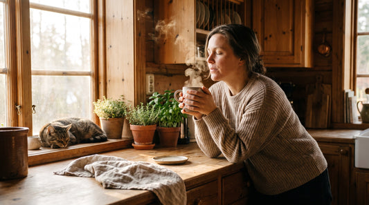 Person enjoying a warm mug of mushroom coffee in a sunlit kitchen