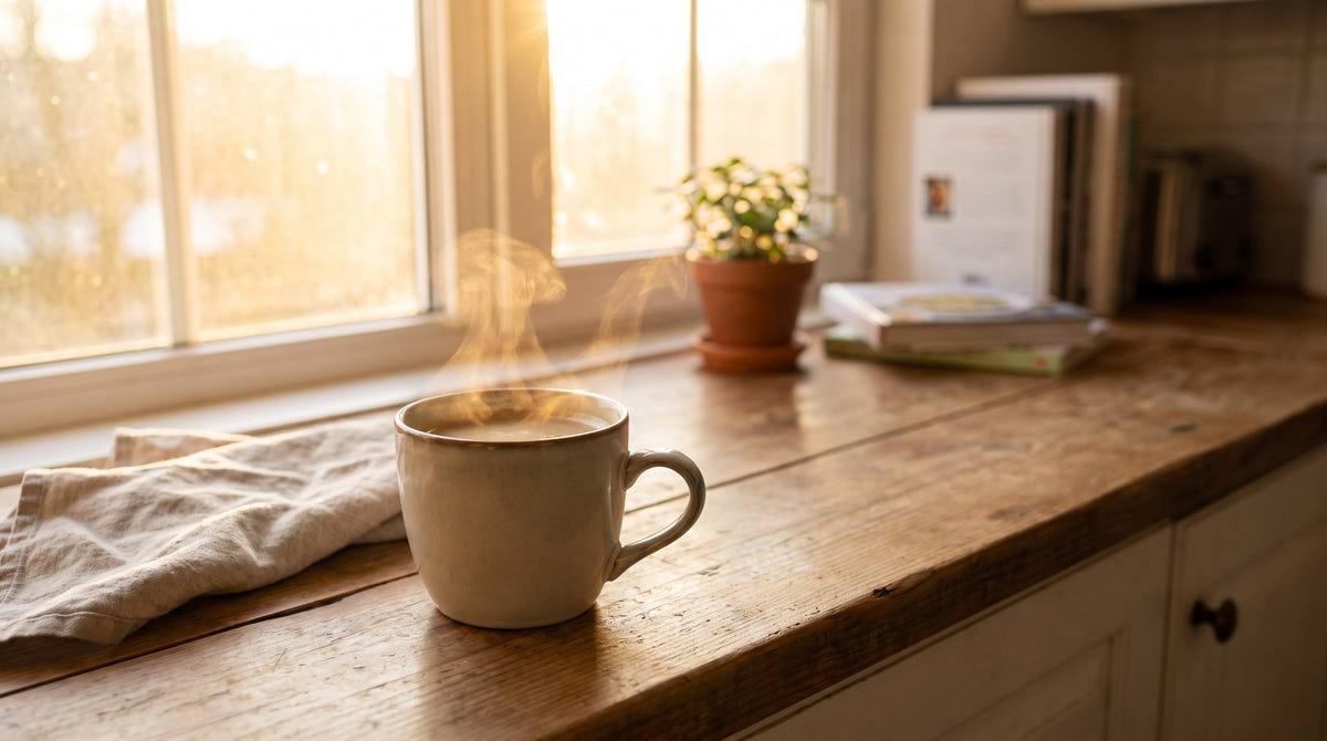 Steaming mug of mushroom coffee on a sunlit kitchen counter in the morning