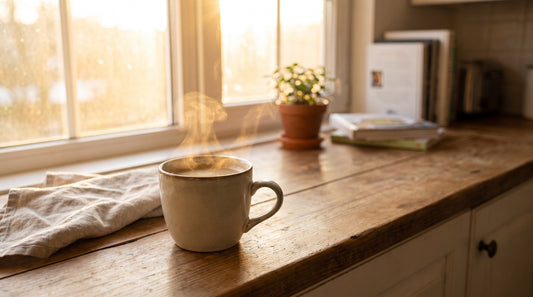 Steaming mug of mushroom coffee on a sunlit kitchen counter in the morning
