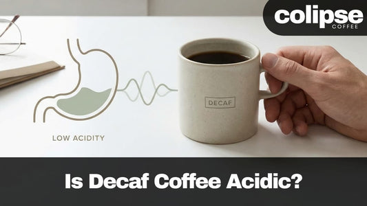 Hand holding a decaf coffee mug with a diagram of the stomach and text about decaf being low acidity, featuring Colipse Coffee branding.