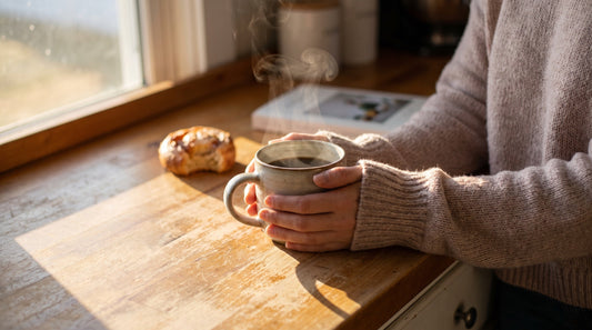 Person holding a warm mug of coffee at a sunlit kitchen counter, morning light, mushroom coffee acidity article hero