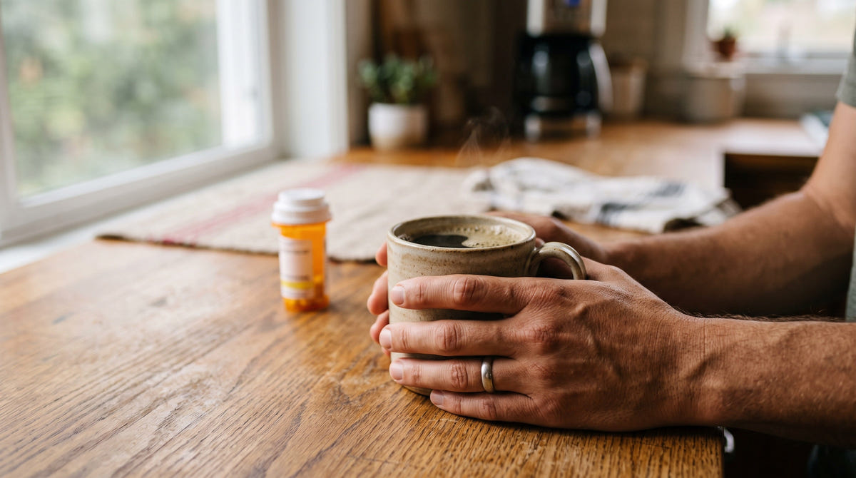Person holding a warm mug of coffee at a kitchen counter with a prescription bottle nearby, mushroom coffee and Eliquis