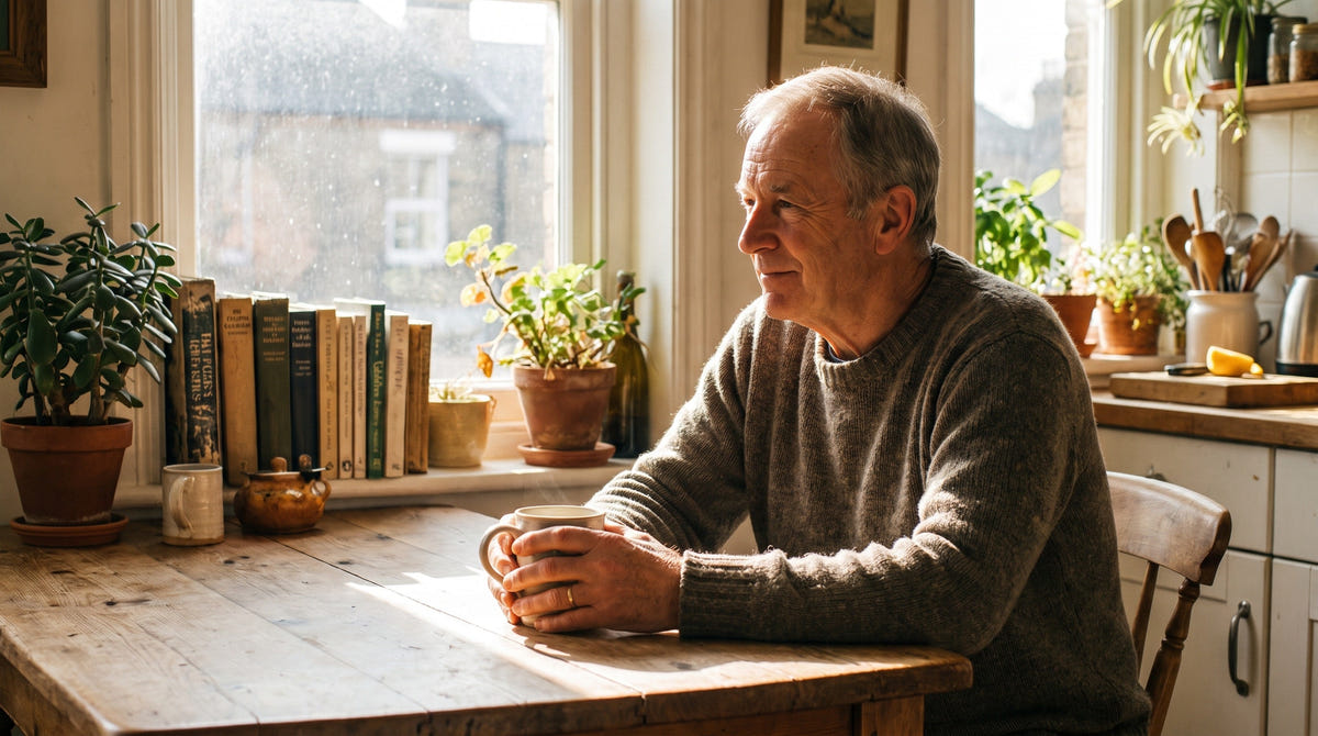 Person enjoying mushroom coffee in a calm morning kitchen setting