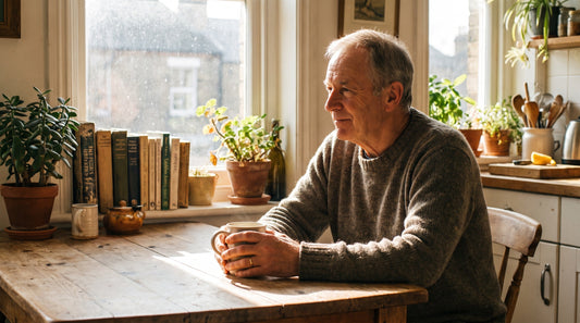 Person enjoying mushroom coffee in a calm morning kitchen setting