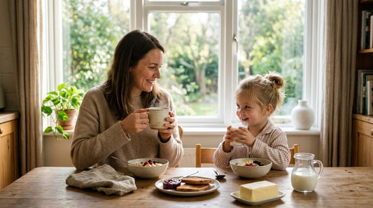 Parent drinking coffee at a family breakfast table while a young child drinks a glass of milk
