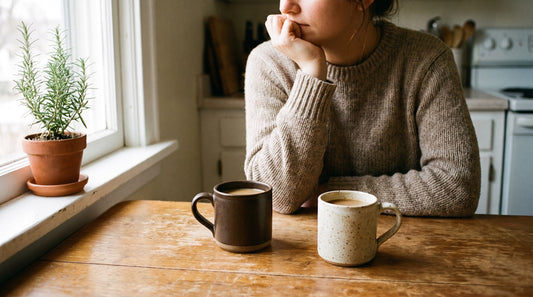 Person at a kitchen table comparing two mugs of coffee side by side in morning light