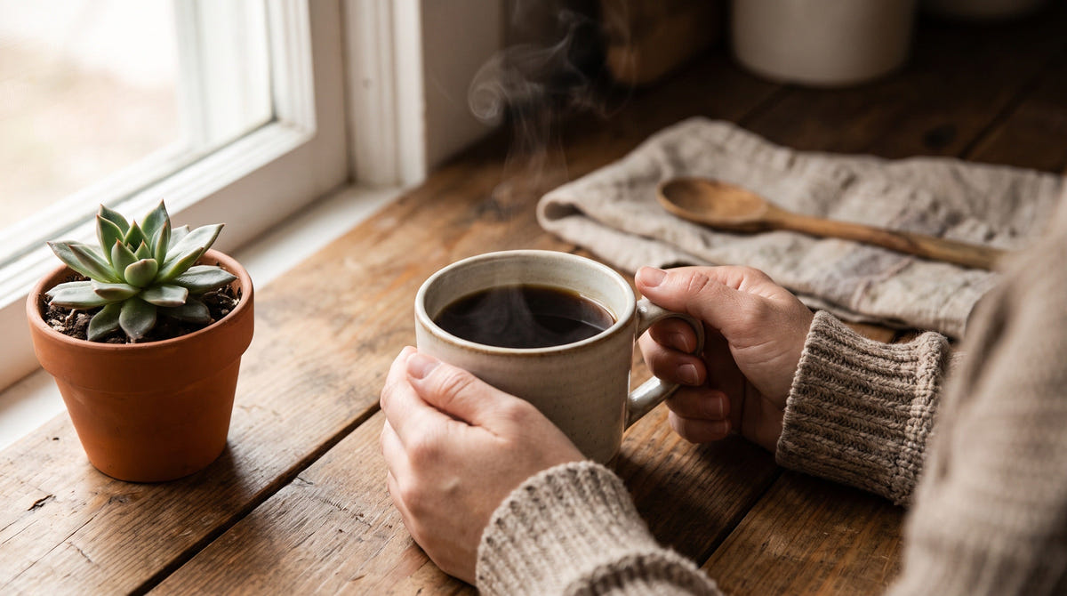 Person holding a warm mug of mushroom coffee at a sunny kitchen window