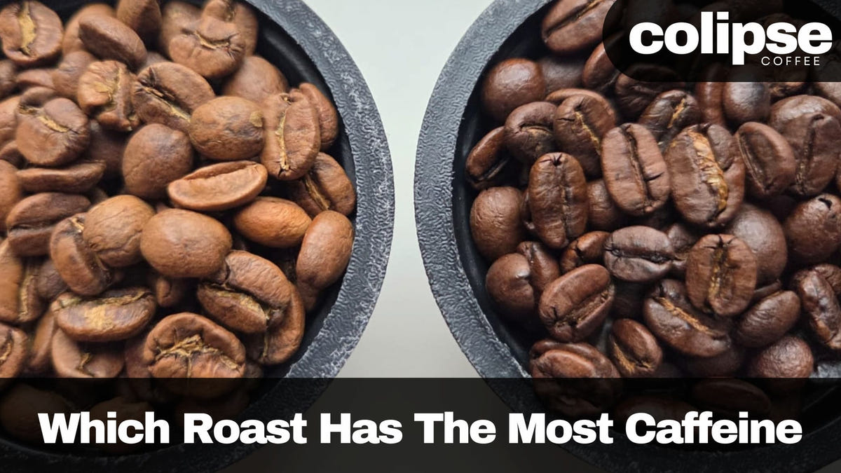 Side-by-side close-up of two bowls filled with coffee beans, showing a light roast on the left and a dark roast on the right, used in a Colipse Coffee branding