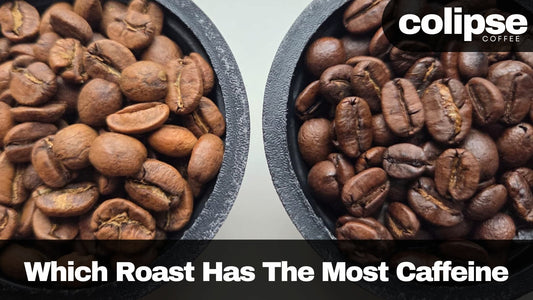 Side-by-side close-up of two bowls filled with coffee beans, showing a light roast on the left and a dark roast on the right, used in a Colipse Coffee branding