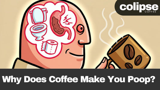 Cartoon illustration of a person with a coffee cup and toilet-related thoughts, with 'Colipse Coffee' branding.