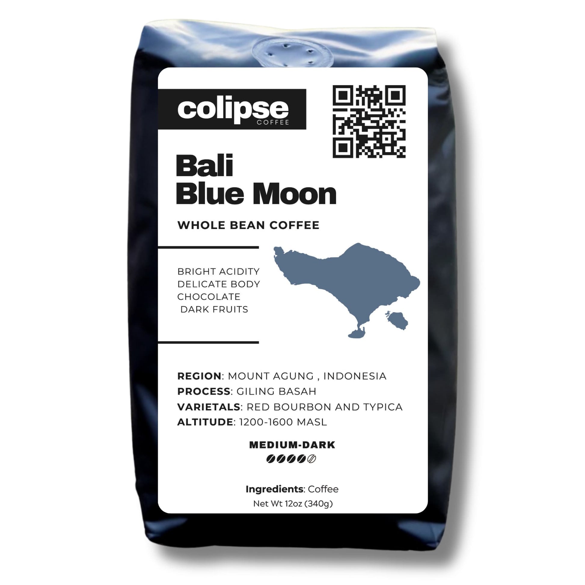 Colipse Bali whole bean coffee, rich and exotic with chocolate sweetness.