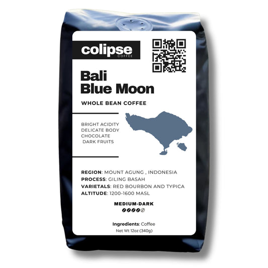 Colipse Bali whole bean coffee, rich and exotic with chocolate sweetness.