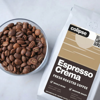 Colipse Espresso Crema coffee package with a bowl of coffee beans on a white background