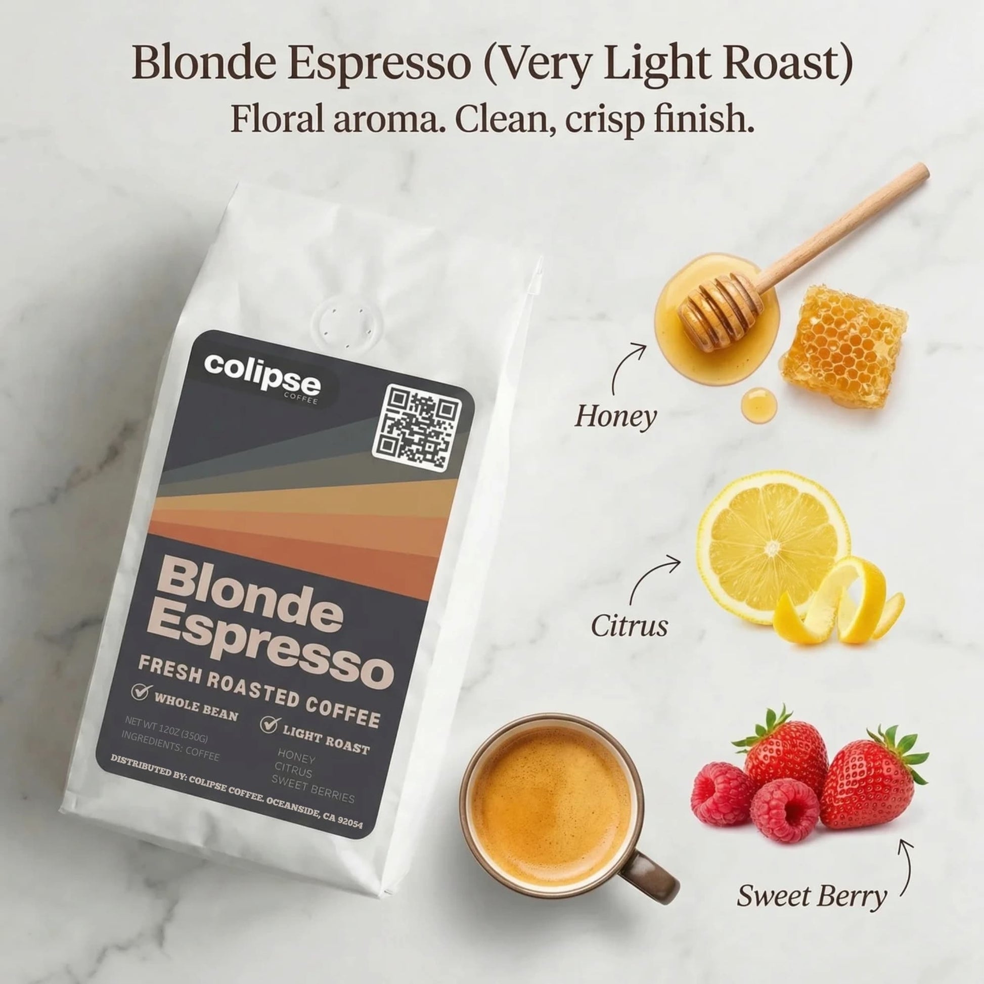 Colipse Blonde Espresso package with coffee cup, honey, lemon, and berries on a marble background