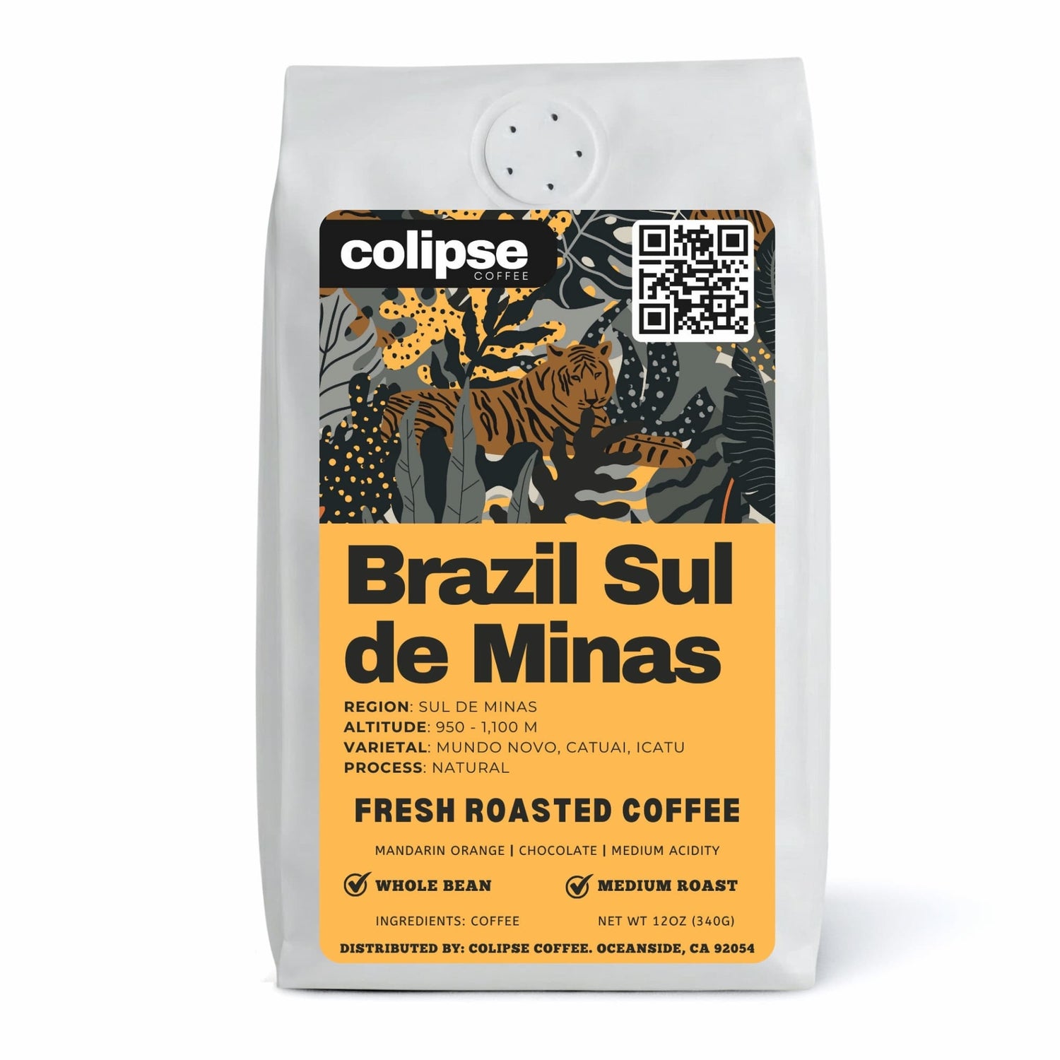 A bag of Colipse Brazil whole beans with a smooth, nutty flavor.