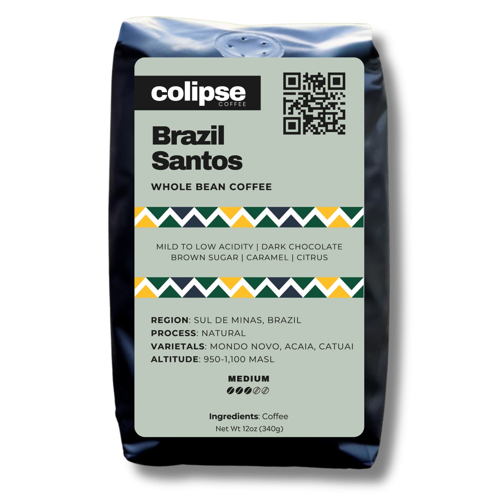 A bag of Colipse Brazil whole beans with a smooth, nutty flavor.