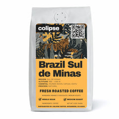 A bag of Colipse Brazil whole beans with a smooth, nutty flavor.