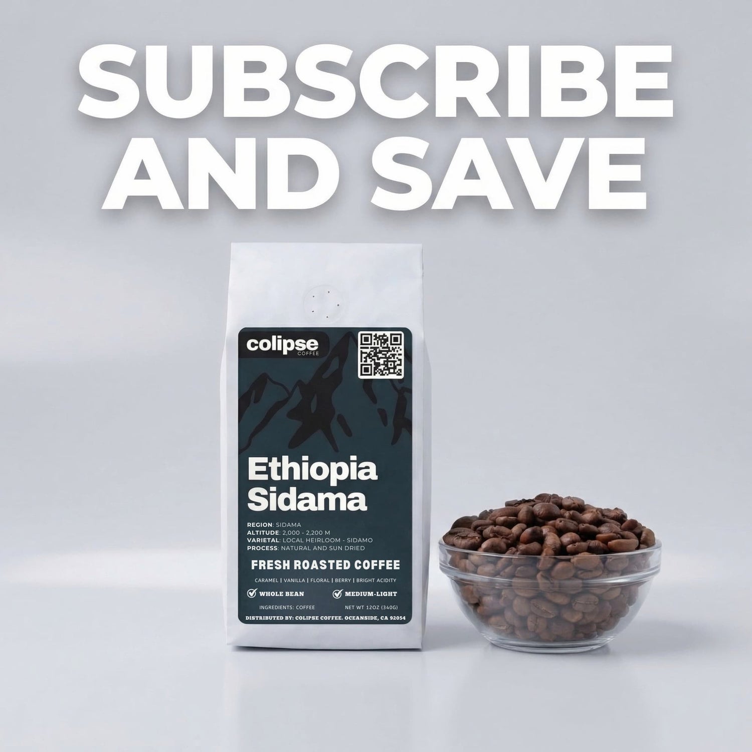Coffee bag labeled 'Ethiopia Sidama' by Colipse on a wooden surface with a blurred natural background.