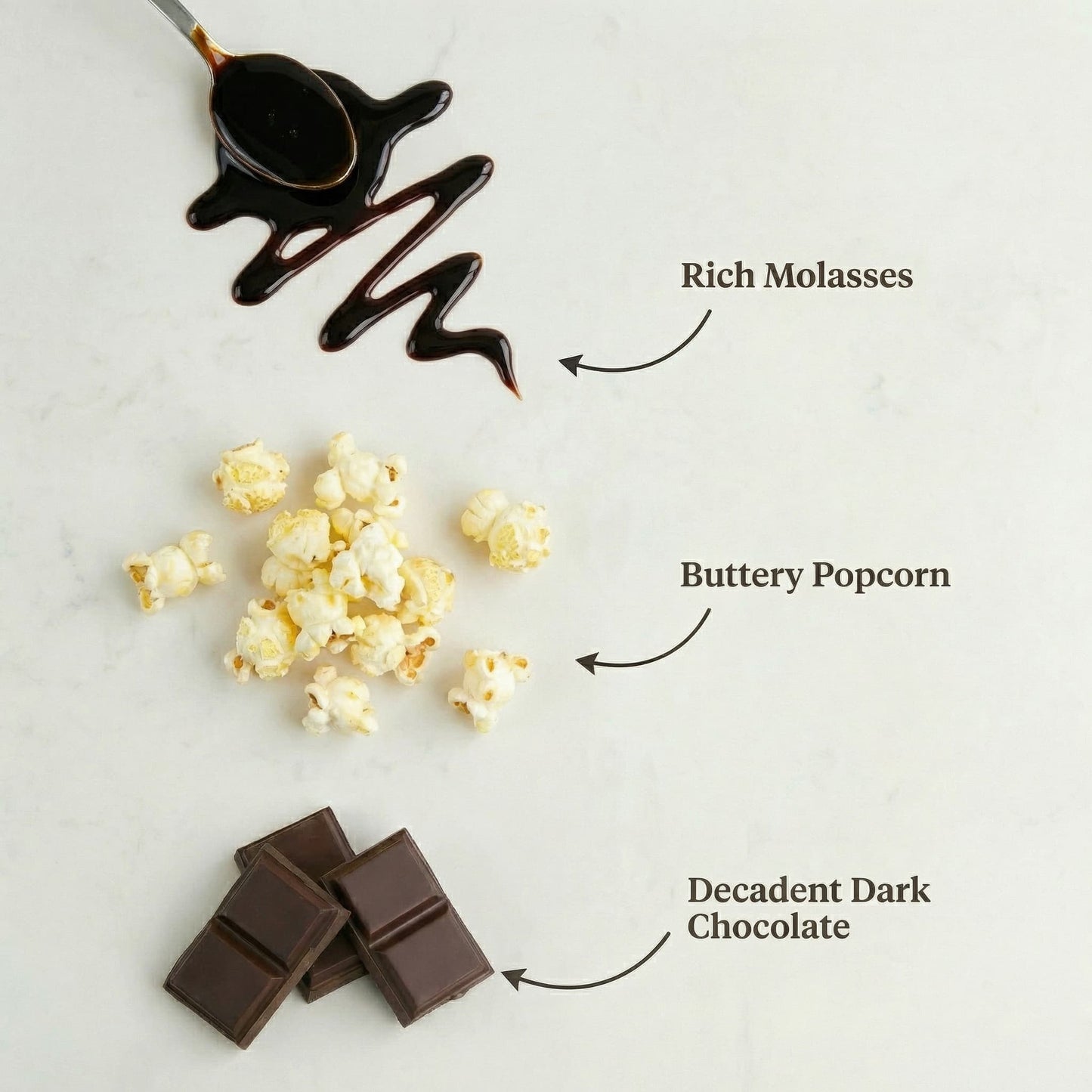 Buttery popcorn with dark chocolate and molasses on a light background