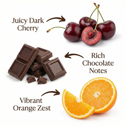 Dark chocolate, cherries, and oranges with text labels on a white background